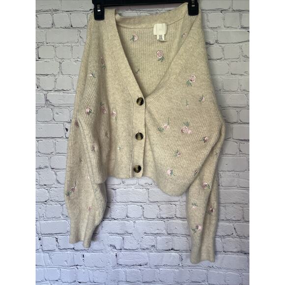 H&M Ribbed Knit Rose Floral Embroidered Cardigan Size XXL - Picture 1 of 4